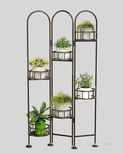 Multi Tiered Metal Plant Stand With Various Potted Plants And White Pots 3d model 