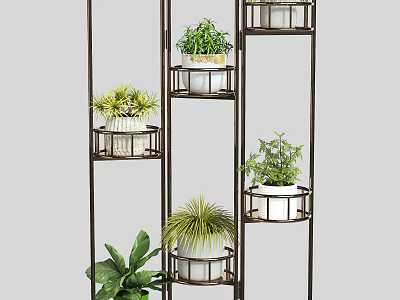 Multi Tiered Metal Plant Stand With Various Potted Plants And White Pots 3d model