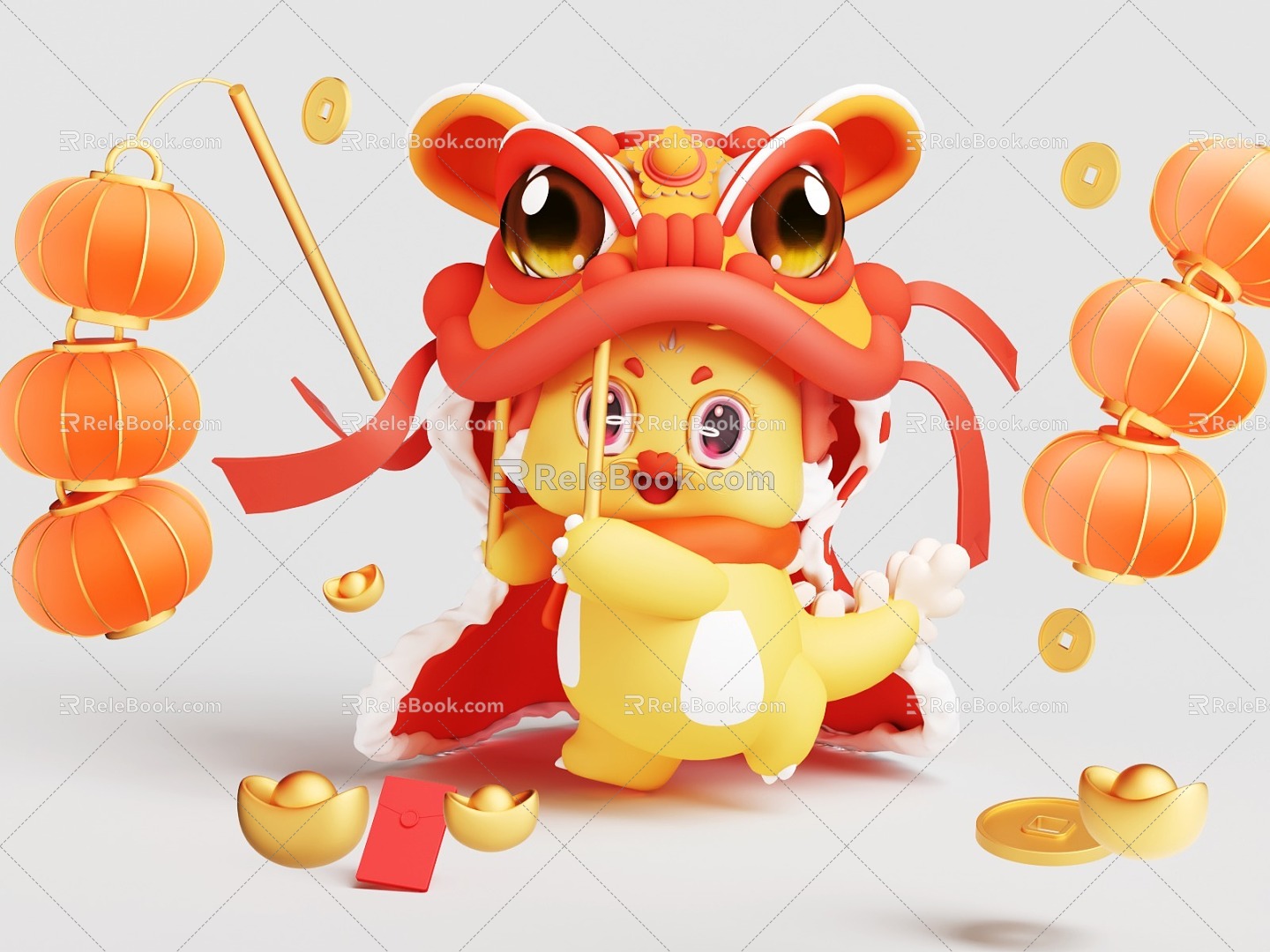 Year of the Dragon Lion Dance Year of the Dragon Spring Festival Elements Year of the Dragon Lantern Red Envelope Yuan Bao New Year Lion Dance Lion Dance Characters 3d model