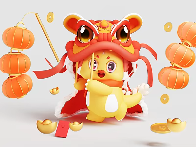 Cartoon Lion Dance Character With Red Lanterns Golden Ingots And Red Envelopes 3d model