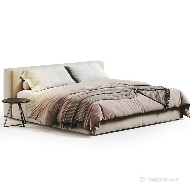 Cozy Double Bed Featuring Light Colored Pillows Soft Pink Beige Comforter And Dark Throw Blanket 3d model 