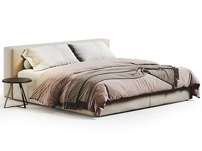 Cozy Double Bed Featuring Light Colored Pillows Soft Pink Beige Comforter And Dark Throw Blanket 3d model