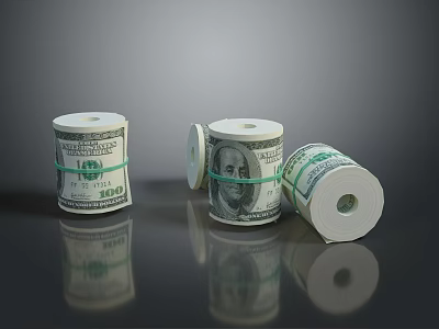 Rolled US Dollar Bills With Partially Unrolled And Benjamin Franklin Portrait On Dark Reflective Surface 3d model