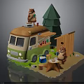 Cute Food Truck Scene With Squirrel Pine Tree Wooden Shed And Stump Table