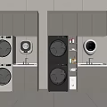 Modern Stackable Washing Machines in Laundry Room Interior with Cabinets and Sink
