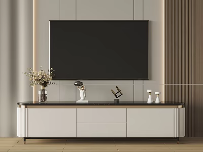 Modern White TV Stand With Drawers Cabinets Large Black Screen Vase Flowers And Table Lamp 3d model