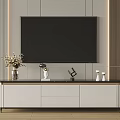 Modern White TV Stand With Drawers Cabinets Large Black Screen Vase Flowers And Table Lamp