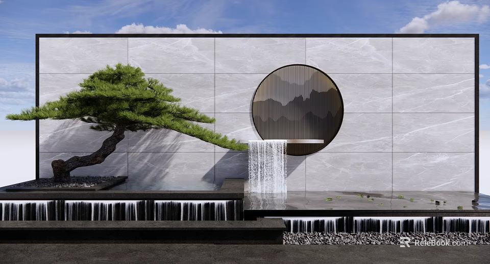 Scenic Wall With Gray Marble Circular Window Mountain Pattern Flowing Waterfall And Side Pine Tree 3d model