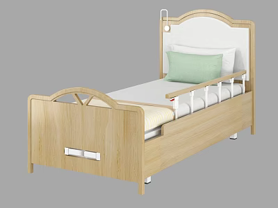 Wooden Medical Bed With Side Rails Green Pillow And Bedside Lamp 3d model