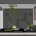 Indoor Landscape Interior With Sunlight Stone Wall Green Tree Ferns And Water Fountain