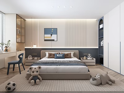 Modern Kids Bedroom With Cozy Bed Study Desk Chair Stuffed Toys And Soccer Ball 3d model