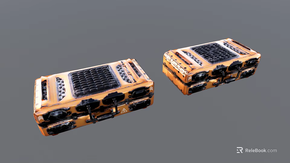 Orange Storage Boxes With Black Grid Pattern And Mechanical Components 3d model