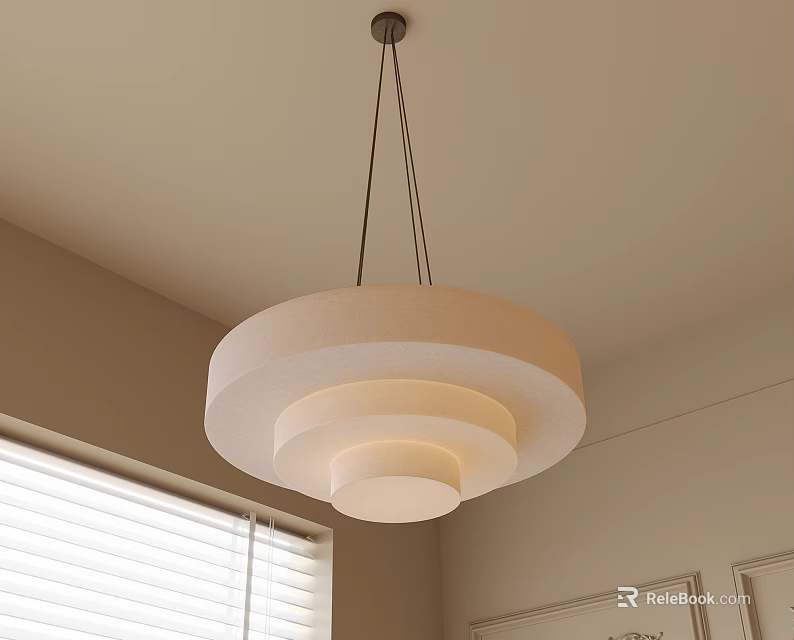 Round Layered Fabric Chandelier Hanging in Room with Window Blinds and Light Walls 3d model 