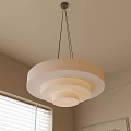 Round Layered Fabric Chandelier Hanging in Room with Window Blinds and Light Walls