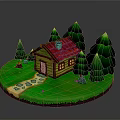 Charming Log Cabin With Red Roof Green Trees And Stone Path On Lush Lawn