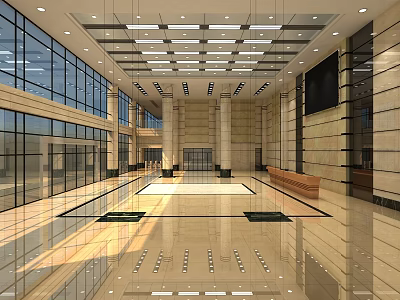 Modern Lobby Reception Desk With Large Glass Windows High Ceiling Chandeliers And Marble Flooring 3d model