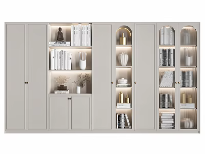 Modern Light Gray Bookcase With Glass Doors Lighting Books And Decorations 3d model