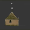 Small Chapel Like Building With Pyramidal Moss Covered Roof And Circular Window