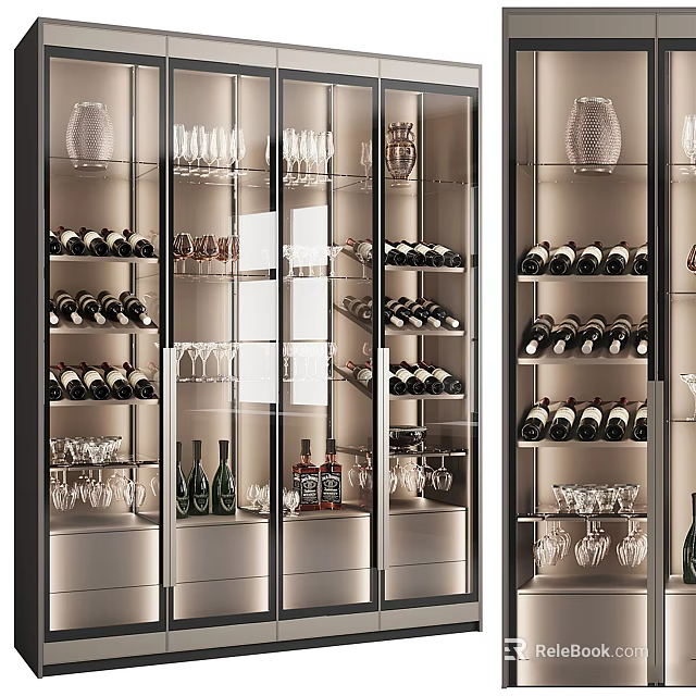 Elegant Modern Wine Cabinet With Glass Doors Holding Wine Bottles And Glassware 3d model 