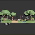 3D Natural Scene Design With Stream Wooden Bridge Trees Stones And Path