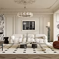 Modern Living Room Interior With White Sofa Geometric Rug Art Decor And Chandelier