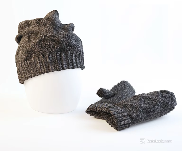 Knitted Gray Hat And Matching Knitted Gloves Warm Winter Accessories With Soft Texture 3d model 