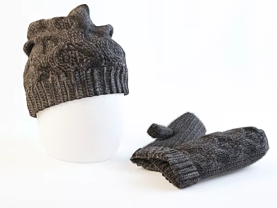 Knitted Gray Hat And Matching Knitted Gloves Warm Winter Accessories With Soft Texture 3d model