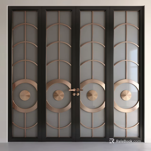 Modern Sliding Doors With Black Frame Rose Gold Circular Accents Glass Panels And Geometric Design 3d model 