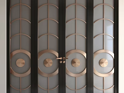 Modern Sliding Doors With Black Frame Rose Gold Circular Accents Glass Panels And Geometric Design 3d model