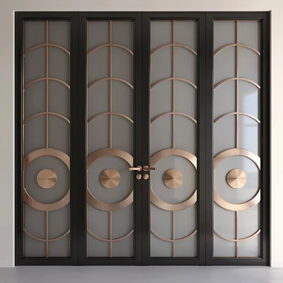 Modern Sliding Doors With Black Frame Rose Gold Circular Accents Glass Panels And Geometric Design 3d model