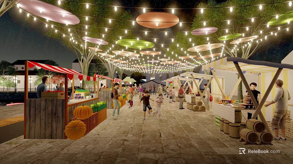 Vibrant Night Commercial Street With String Lights Colorful Round Canopies Stalls Pedestrians And Pumpkin Decorations 3d model 