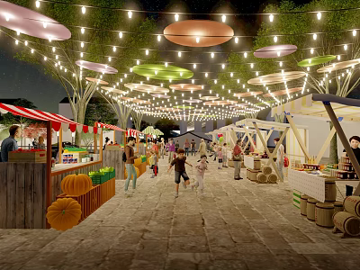 Vibrant Night Commercial Street With String Lights Colorful Round Canopies Stalls Pedestrians And Pumpkin Decorations 3d model