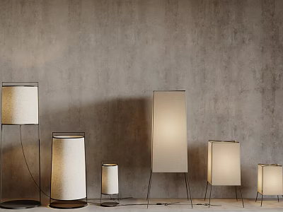 Minimalist Modern Floor Lamps With Various Designs Against Gray Wall 3d model