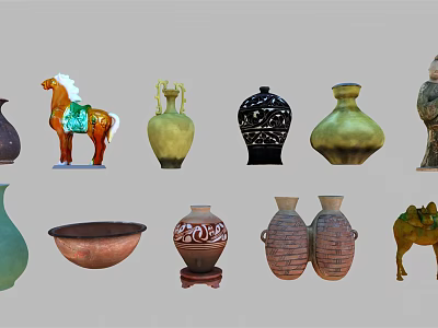 Ceramic Wares Collection Featuring Various Vases Bowls And Horse Figurine Designs 3d model