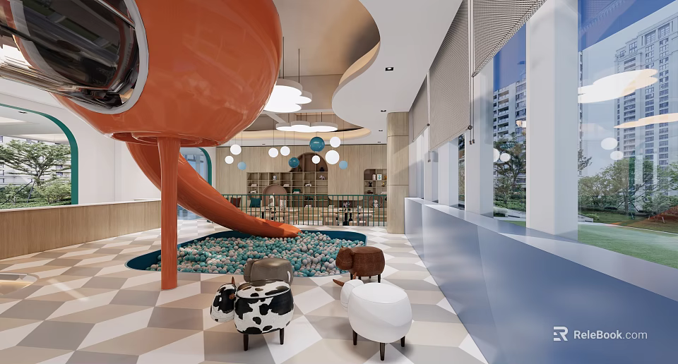 Modern Indoor Playground With Orange Slide Animal Seats Pebble Floor And Pendant Lights 3d model 