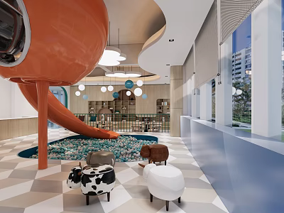 Modern Indoor Playground With Orange Slide Animal Seats Pebble Floor And Pendant Lights 3d model