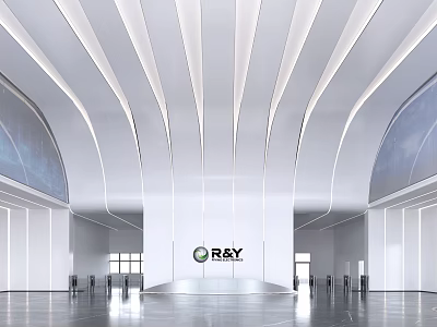 Modern Reception Area With RAY Logo Curved Ceiling Lines Spacious White Interior Design 3d model