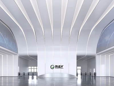 Modern Reception Area With RAY Logo Curved Ceiling Lines Spacious White Interior Design 3d model