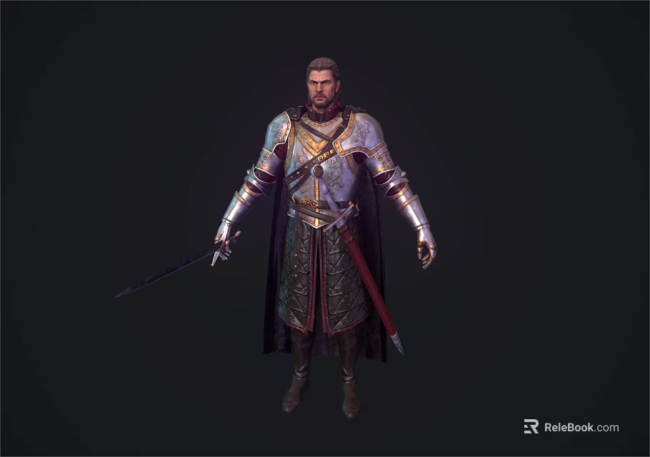 Medieval Warrior Character In Detailed Silver Armor With Sword And Red Cape 3d model 