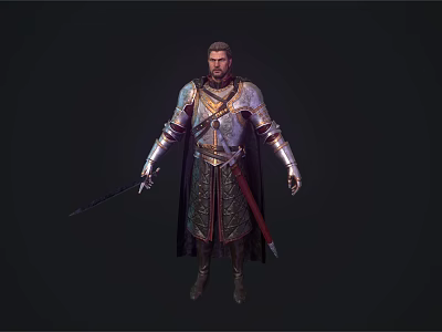 Medieval Warrior Character In Detailed Silver Armor With Sword And Red Cape 3d model