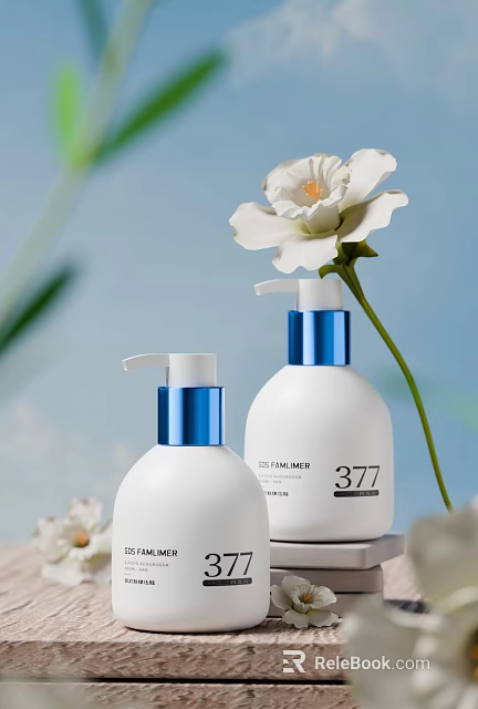 Gentle Daily Washing Products With White Bottles Blue Pumps White Flower And Light Blue Background 3d model 