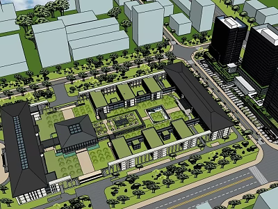 Modern Office Building Complex With Central Courtyard And Landscaped Green Spaces 3d model
