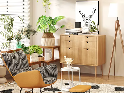 Two Gray Striped and Orange Leisure Chairs with White Shutters Green Plants and Deer Art 3d model