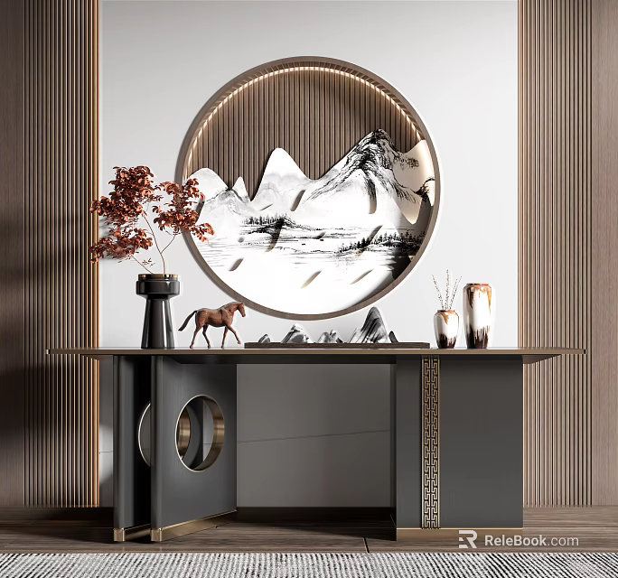 Modern Console Table With Circular Mountain Painting And Decorative Ornaments 3d model