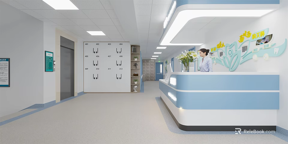 Bright Hospital Lobby Interior With Reception Desk Nurse Lockers And Green Plants 3d model 