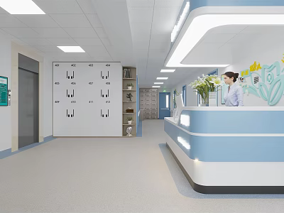 Bright Hospital Lobby Interior With Reception Desk Nurse Lockers And Green Plants 3d model