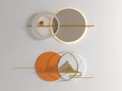 Modern Circular Wall Decor With Golden Rod Lighting Orange Gray And White Mountain Pattern 3d model