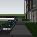 Modern Garden Landscape At Building Entrance With Glass Facade Symmetrical Structures And Fountain