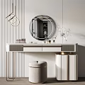 Modern Minimalist Dressing Table With Round Mirror Ottoman Stool And Decorative Flowers 3d model
