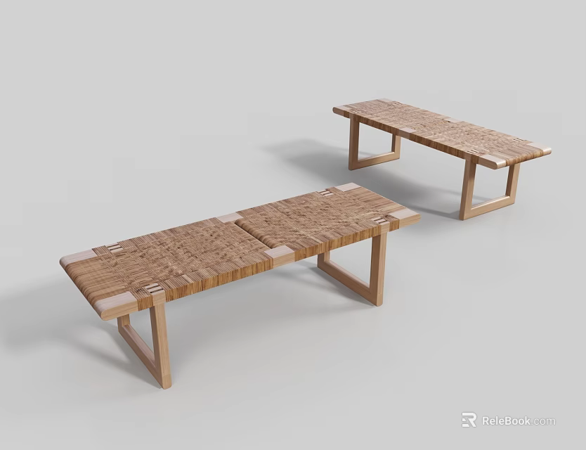 Wooden Footstools With Rectangular Design And Natural Wood Legs 3d model 